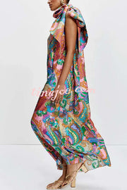 Rainbow Breeze Satin Unique Print Bow One Shoulder Loose Maxi Dress