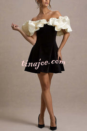 Brynne Satin Cloud Shape Puff Sleeve Velvet Stretch Mini Dress