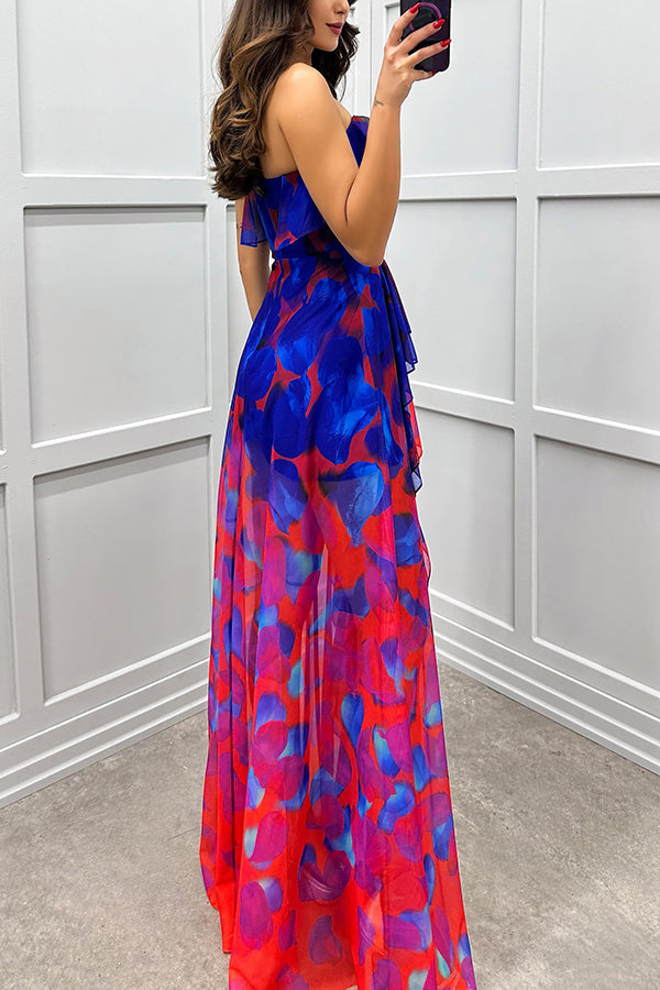 Loving Moment Gradient Unique Print Flowing Layered Ruffles Strapless Slit Maxi Dress