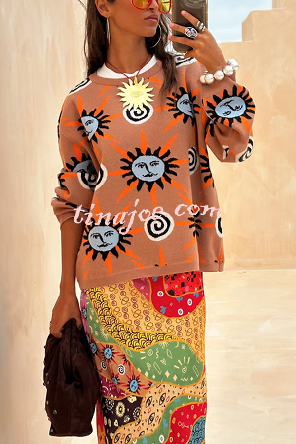 Mediterranean Art Knit Unique Sun Vortex Print Long Sleeve Relaxed Sweater