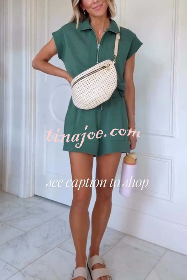 Buttery Touch Half-Zip Short Sleeve Sweatshirt and Elastic Waist Pocket Casual Shorts Set