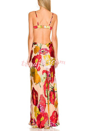 Hawaiian Dreams Satin Floral Print Cutout Backless Maxi Dress