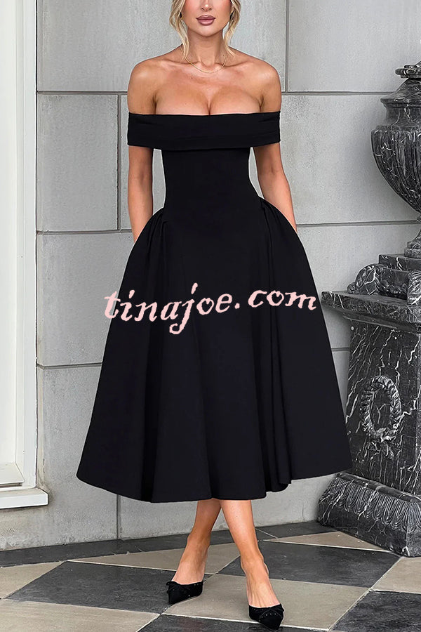 Princess Temperament Batdot Neck Pleat Detail Midi Dress