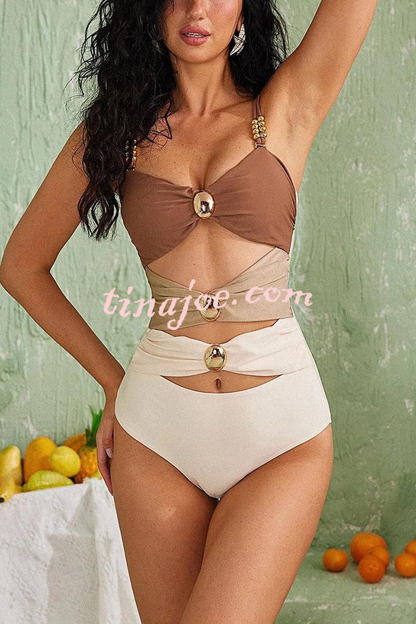 Color Block Patchwork Hollow Metal Decorative Stretch One-piece Swimsuit