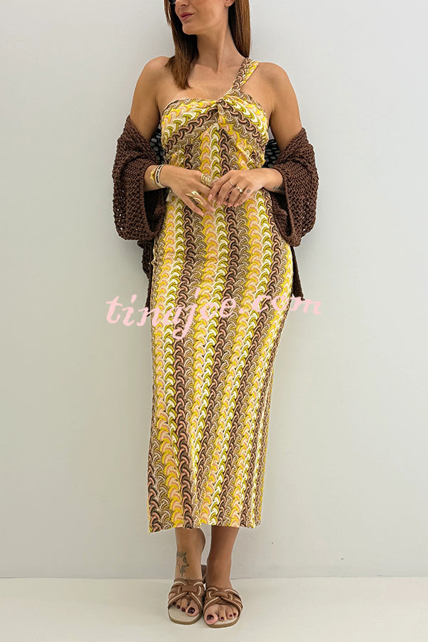 Colorful Zigzag Pattern Lace One-shoulder Slim Vacation Midi Dress