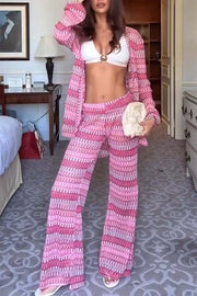 Beach Style Knit Unique Print Long Sleeve Kimono Shirt and Stretch Wide Leg Pants Set