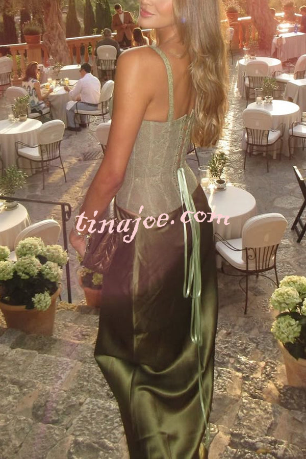 In A Fairytale Lace Satin Mid Rise Drape Maxi Skirt