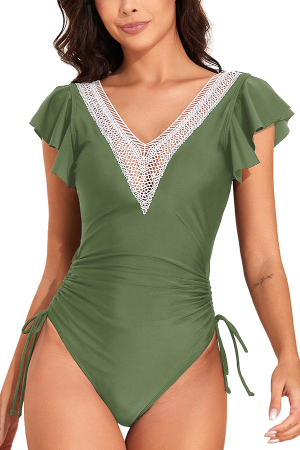 Fashionable V-neck Ruffled Flying Sleeves Stretch One-piece Swimsuit