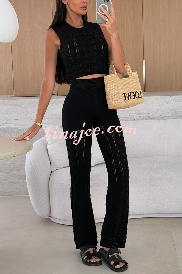 Solid Color Hollow Sleeveless Round Neck Knitted Vest and Stretch Casual Straight Pants Set