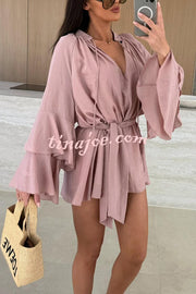 Molly Linen Blend Tiered Bell Sleeve Tie-up Cover-up Mini Dress