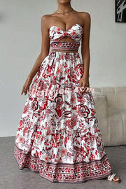 Floral Print Cutout Bandeau Top and Elastic Waist Full Maxi Skirt Set