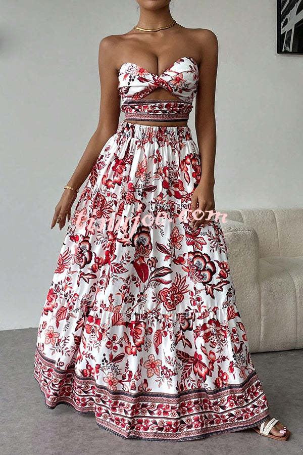 Floral Print Cutout Bandeau Top and Elastic Waist Full Maxi Skirt Set