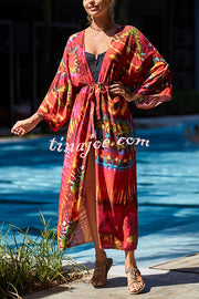 Unique Print Loose Lace Up Holiday Maxi Cover Up