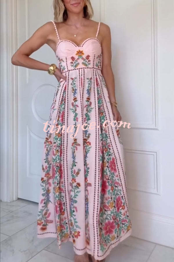 Linen Blend Delicate Forest Unique Print Sweetheart Neck Beaded Straps Maxi Dress