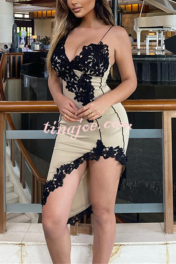 Sexy Lace Paneled Deep V Suspender Slim Midi Dress