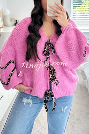 Fashionable Loose Long-sleeved Leopard Print Lace-up Knitted Sweater Cardigan