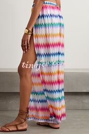 Colorful Zigzag Pattern Halter Neck Stretch Bikini and Elastic Waist Slit PantsThree-Piece Set