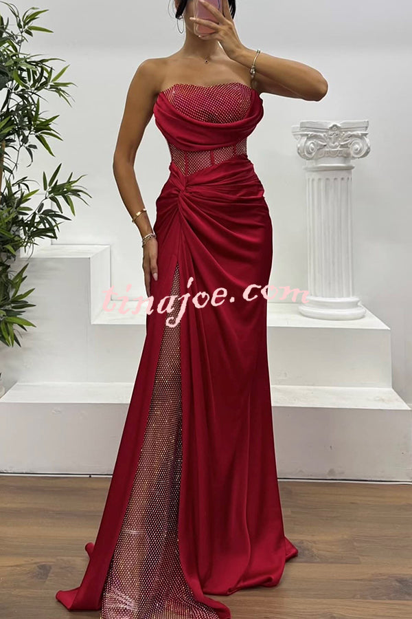 Essie Satin Rhinestone Patchwork Twist Waist Strapless Slit Maxi Dress