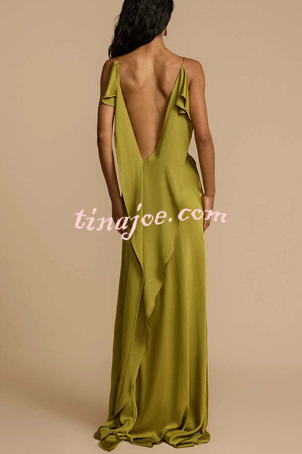 Evening Date Satin Cowl Neck Drape Ruffle Backless Bias Cut Party Maxi Dress