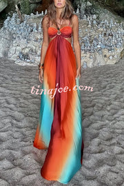 Neon Sunset Printed Metal Decoration Cutout Back Tie-up Vacation Maxi Dress