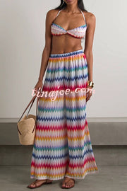 Colorful Zigzag Pattern Halter Neck Stretch Bikini and Elastic Waist Slit PantsThree-Piece Set