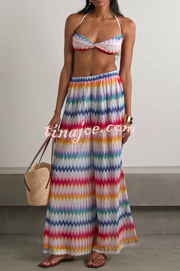 Colorful Zigzag Pattern Halter Neck Stretch Bikini and Elastic Waist Slit PantsThree-Piece Set