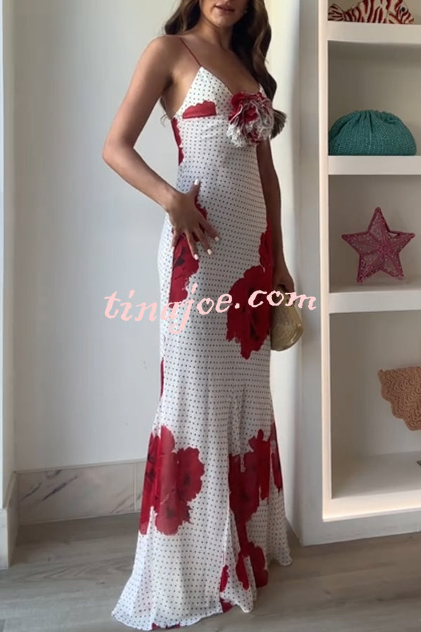 Vanna Poka Dot Floral Print 3D Flower Detail Slip Maxi Dress