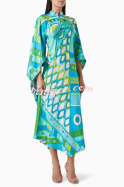 Narah Satin Unique Print  Stand Neck Buttons  Butterfly Sleeves Kaftan Maxi Dress