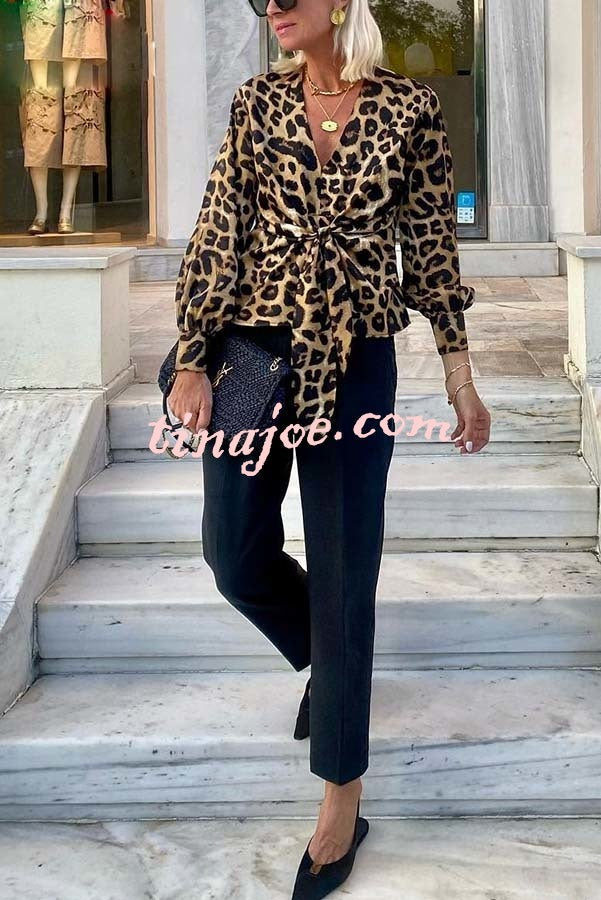 Janae Leopard Print Front Tie-up Lantern Sleeve Casual Blouse