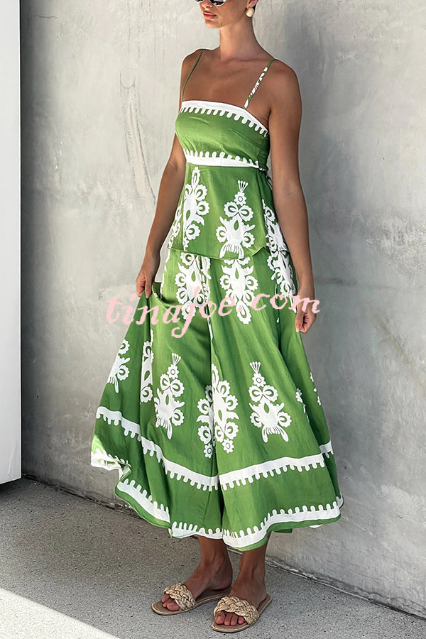 Unique Ethnic Print Suspender Pleated Top and Elastic Waist Loose Wide-leg Pants Set