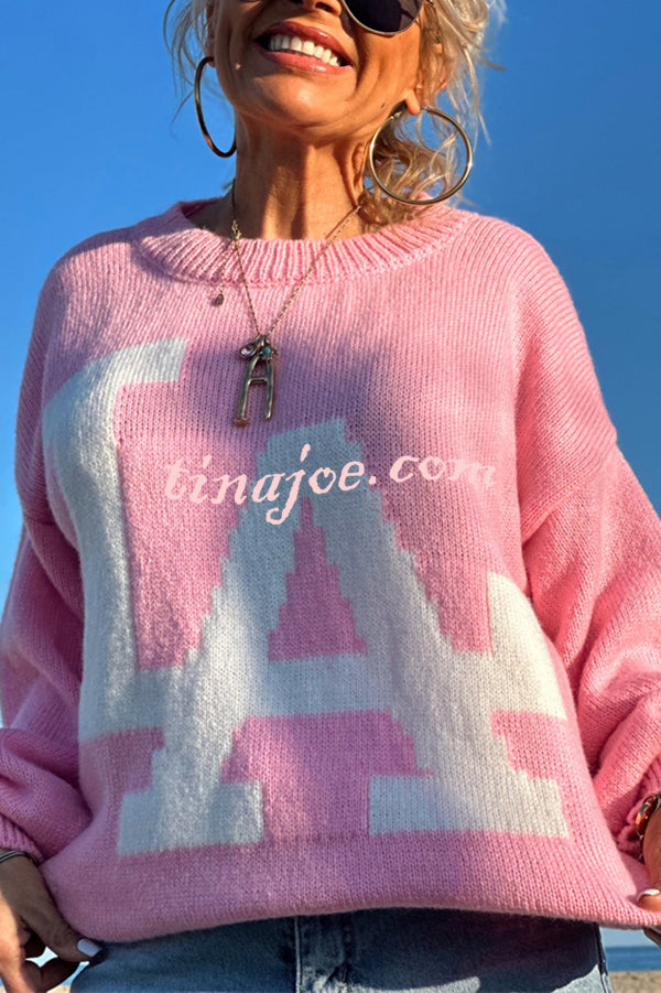 Letter Pattern Crew Neck Long Sleeve Loose Knit Sweater
