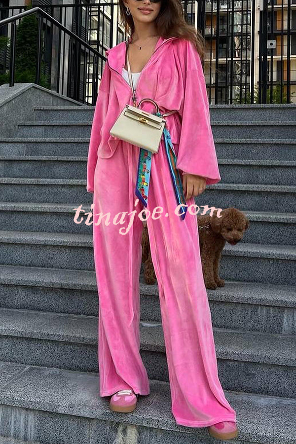 Velvet Casual Zip-up Hooded Top and Elastic Waist Wide Leg Pants Set