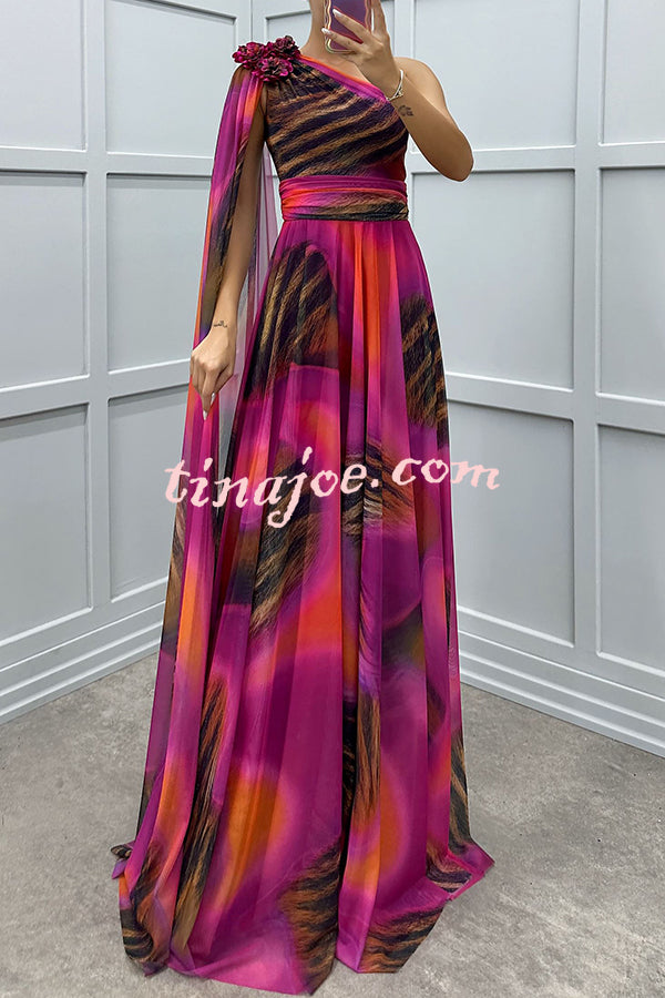 Lucia Unique Print Floral Detail One Shoulder Draped Sleeve Gown Maxi Dress