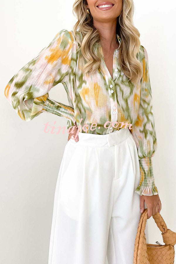 Lantern Sleeve Irregular Printed Single Breasted Shirt