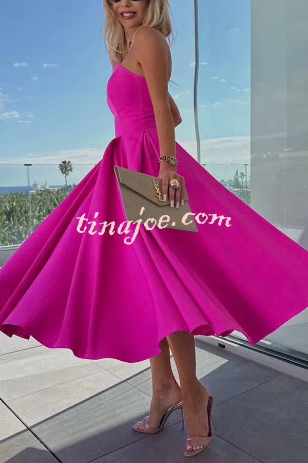 Sweet Cascade Solid Color Off Shoulder Pocket Full Hem Midi Dress