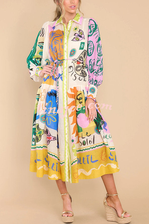 Boldness and Art Unique Print Balloon Sleeve Patchwork Shirt Midi Dress