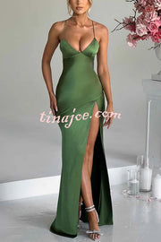 Satin Solid Color Sexy Backless Lace Up High Slit Maxi Dress