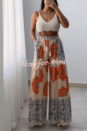 Unique Print Elastic High Waist Tie Pocket Holiday Style Wide Leg Pants