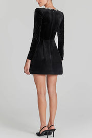 Endless Celebration Velvet Jewel Embellished Trim Long Sleeve Pocketed Mini Dress