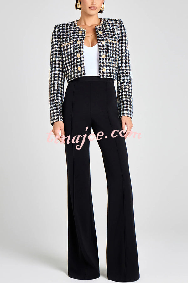 Remy Check Bouclé-tweed Fabric Pearl Trim Gold Button Long Sleeve Jacket