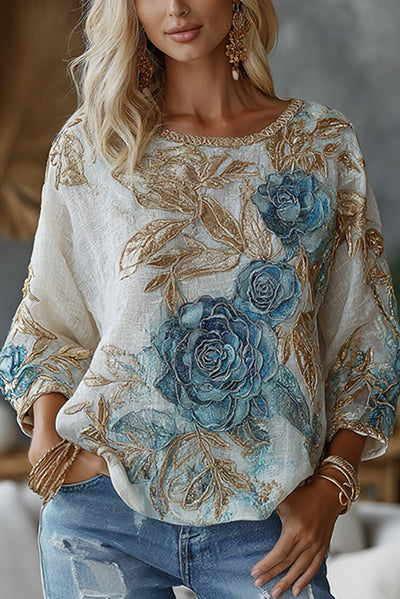 Bohemian Floral Print Round Neck Long-sleeved Loose Top