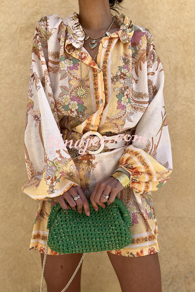 Botanical Print Palace Style Stand-up Collar Lantern Sleeve Loose Top and Casual Shorts Set