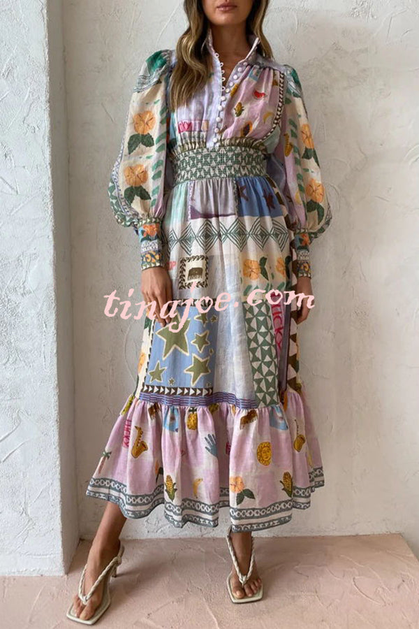 Playfully Chic Unique Print Balloon Sleeve Smocked Waist Shirt Midi Dress