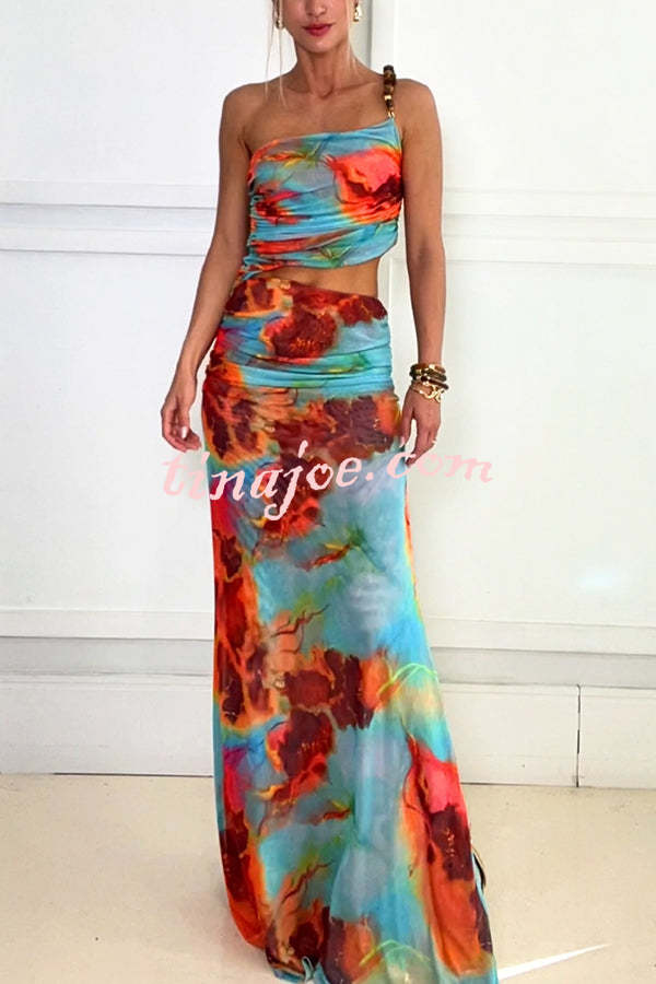 Darla Mesh Tie Dye Print Beaded One Shoulder Ruched Stretch Maxi Dress