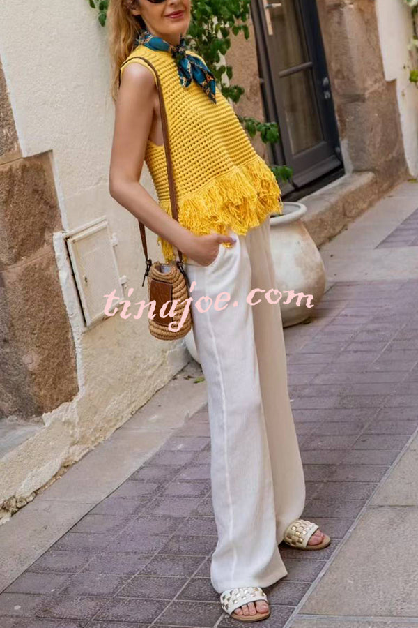 Solid Color Round Neck Sleeveless Hollow Tassel Loose Vest