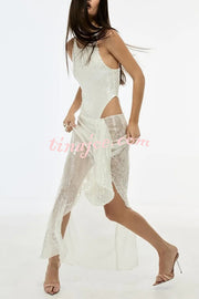 Fashion Sequin Sleeveless Fitted Rompers and Holiday Slit Maxi Skirt Set