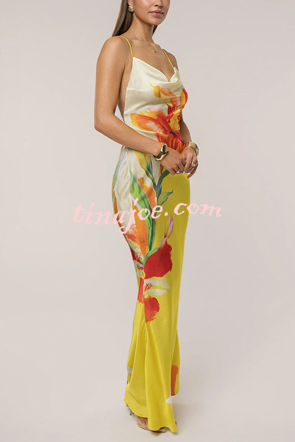 Luisa Satin Floral Print Cowl Neck Sexy Open Back Tie-up Maxi Dress