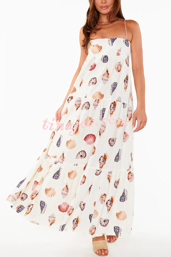 Long Weekend Linen Blend Shells Unique Print Smocked Pocket Lightweight Maxi Dress