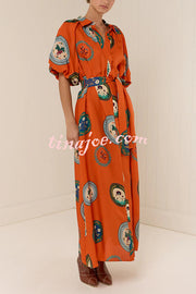 Linen Blend Unique Print Lapel Loose Tie Cardigan Maxi Dress