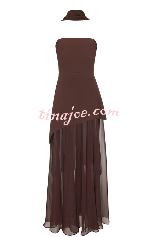 Monaco Off Shoulder Structured Top Chiffon Slit Hem Scarf Maxi Dress